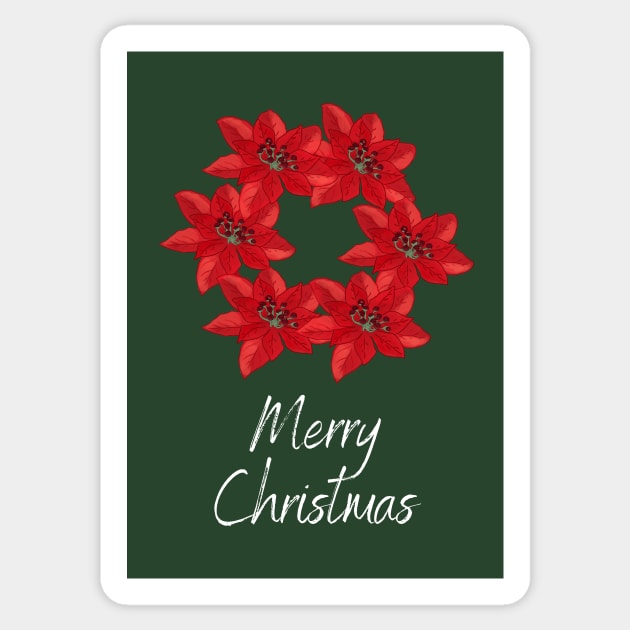 Merry Christmas Poinsettia Wreath on a Dark Green Background Sticker by esslev